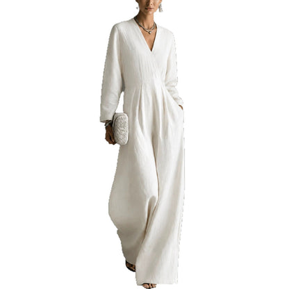 Womens V-neck Long-sleeve Relaxed-fit Wide-leg Jumpsuit