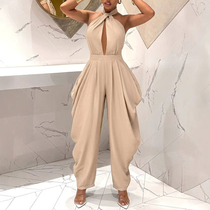 Halter-neck Crossover Backless Jumpsuit With Pleated Wide-leg Harem Pants