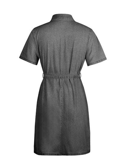 Full Size Zip Front Short Sleeve Denim Dress Plus Size