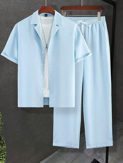 Men's Short Sleeve Cardigan Stand Collar Shirt Pants Suit