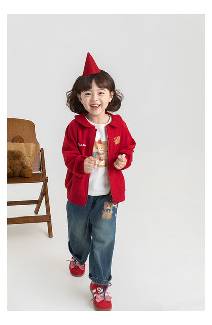 Cute Bear-Print Wide-Leg Stretch-Waist Casual Denim Pants For Kids