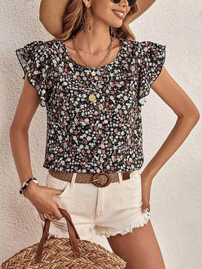 Ditsy Floral Round Neck Cap Sleeve Top for Women
