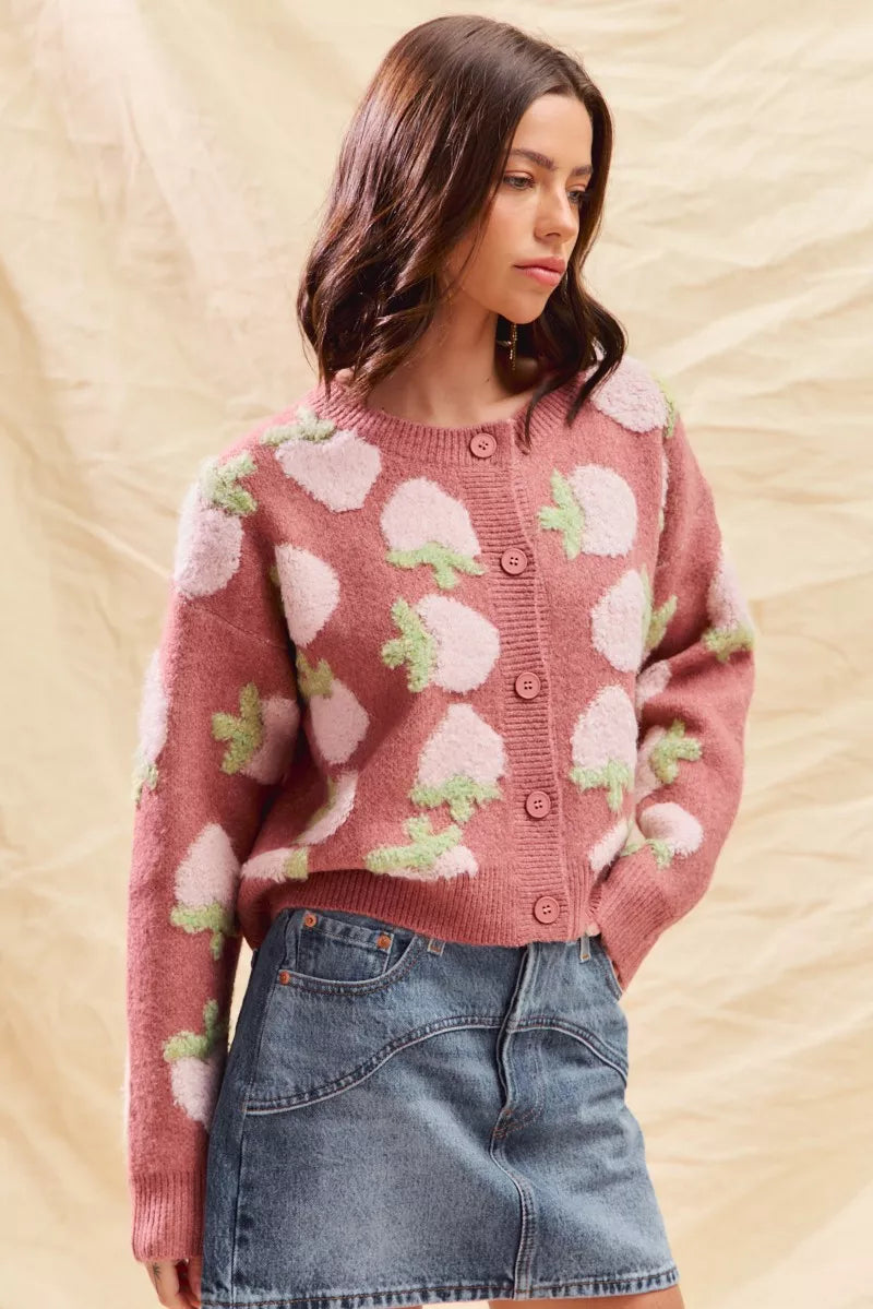 SO ME Strawberry Fruit All Over Button Sweater Cardigan