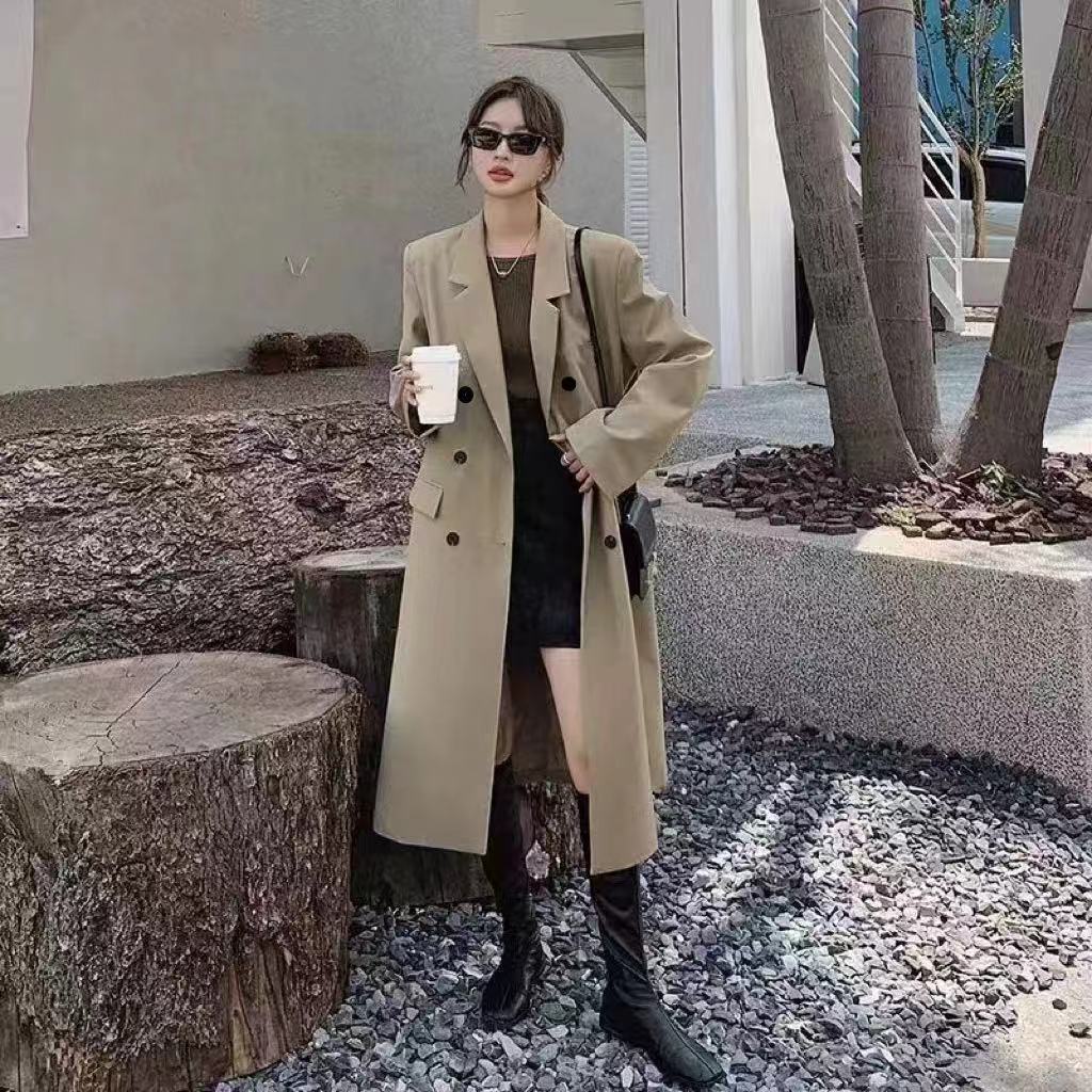 Black Long Suit Trench Coat Coat For Women Spring And Autumn