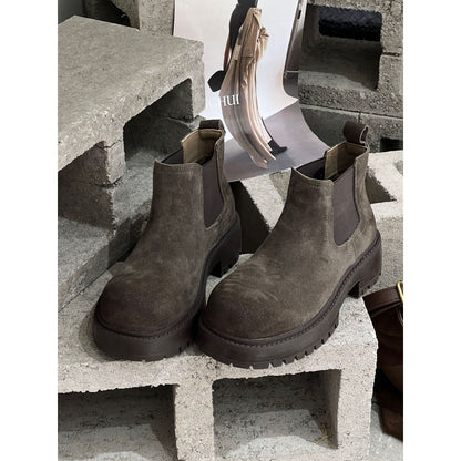 New Autumn Winter Retro Cow Suede Thick-soled Height-increasing Womens Boots