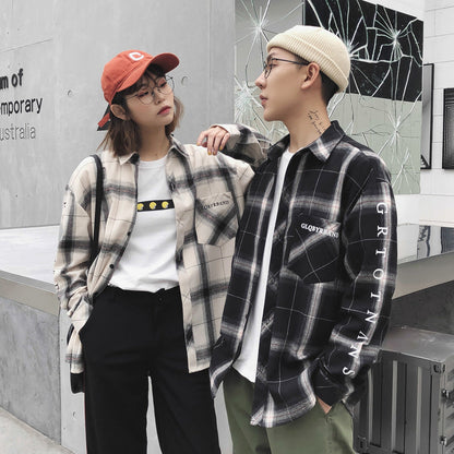 Lazy Style Ins Plaid Shirt Couple Wear Autumn Inch