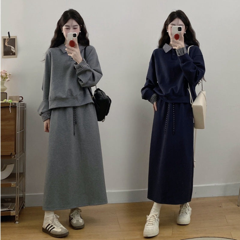 Large Size Gray False Two-piece Sweaters Skirt Two-piece Set For Women