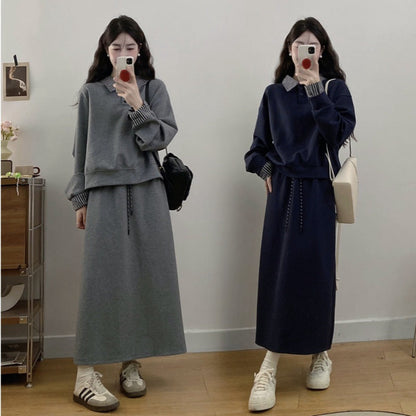 Large Size Gray False Two-piece Sweaters Skirt Two-piece Set For Women