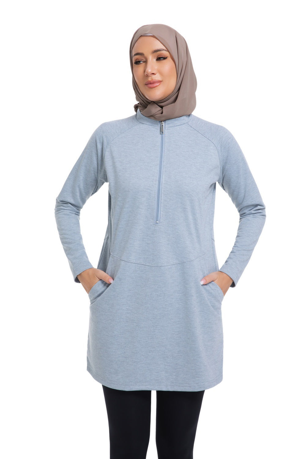 Womens Solid-color Long-sleeve Zip-up Hoodie