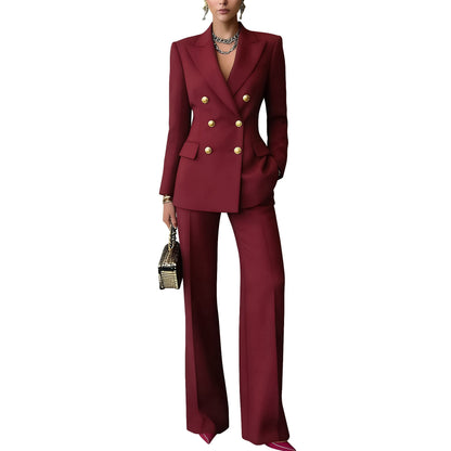 Solid-color Buttoned Suit Pants Set Notched-lapel Professional Outfit