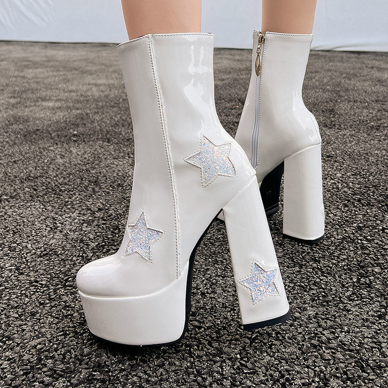 Chunky-heeled Short Booties With Thick Soles And Heart-shaped Sequins