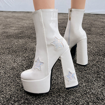 Chunky-heeled Short Booties With Thick Soles And Heart-shaped Sequins