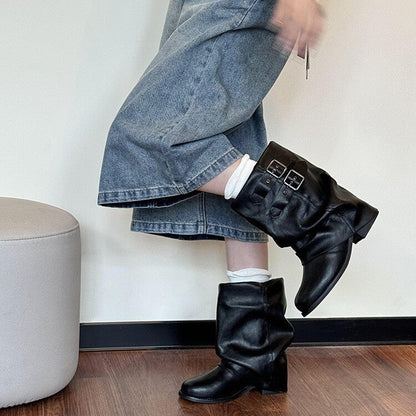Genuine Leather Black Chunky-sole Ankle Boots