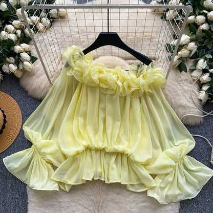 Womens Solid-color Off-shoulder Chiffon Blouse With Ruffled Trim