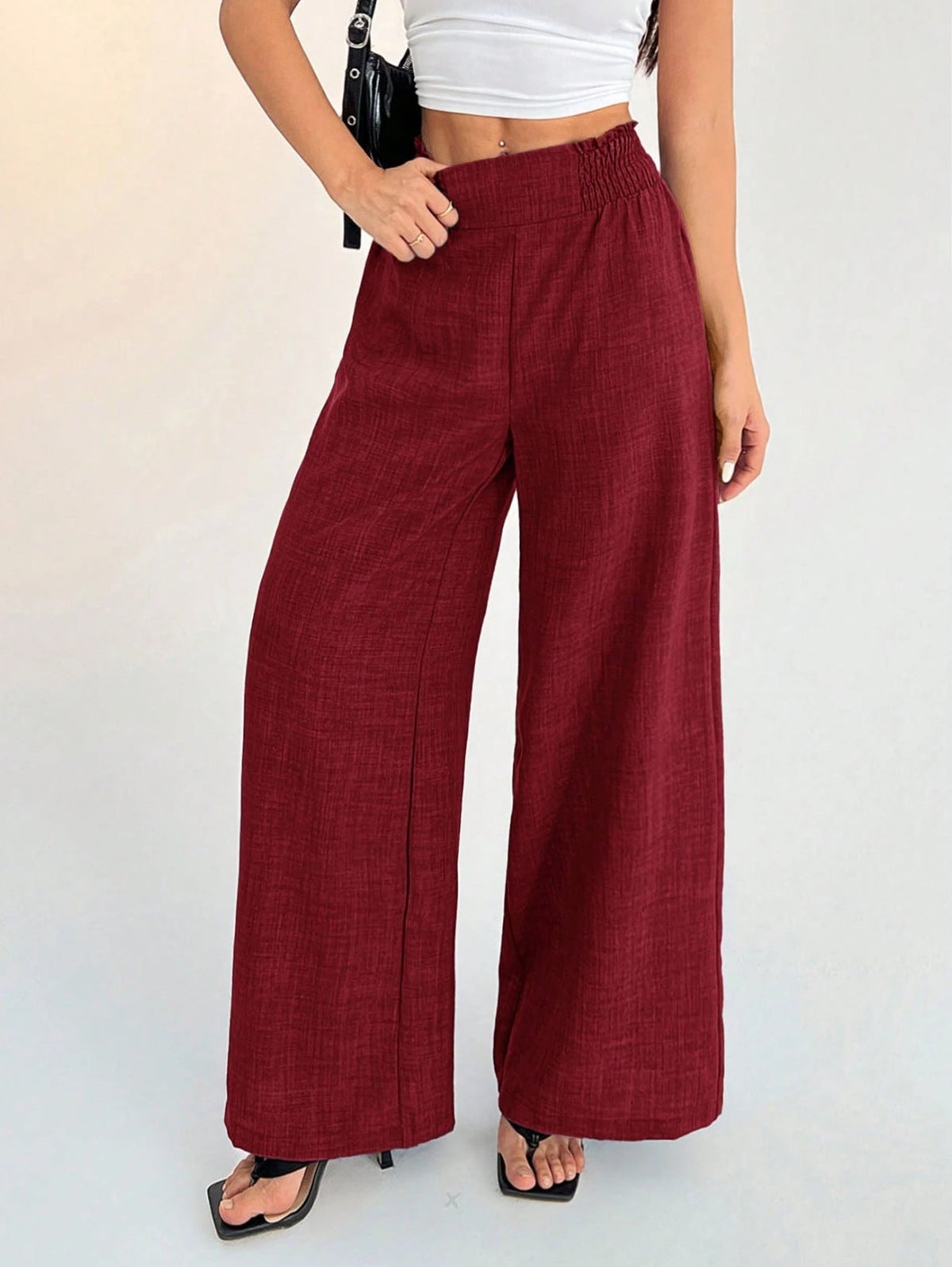 Women's Solid Color Smocked Elastic Wide Leg Pants, Casual Fashion Loose Long Trousers