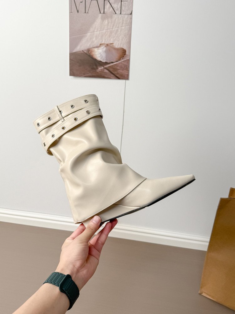 Women's White Spicy Girl Rivet PointedToe MidCalf Slouch Boots, Biker Boots & Ankle Boots For TuckedIn Pants