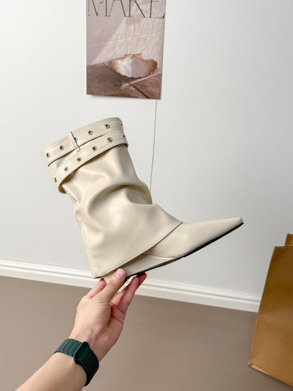 Women's White Spicy Girl Rivet PointedToe MidCalf Slouch Boots, Biker Boots & Ankle Boots For TuckedIn Pants