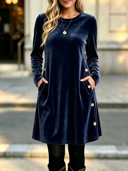 Womens Solid-color Velvet Long-sleeve Dress With Buttons