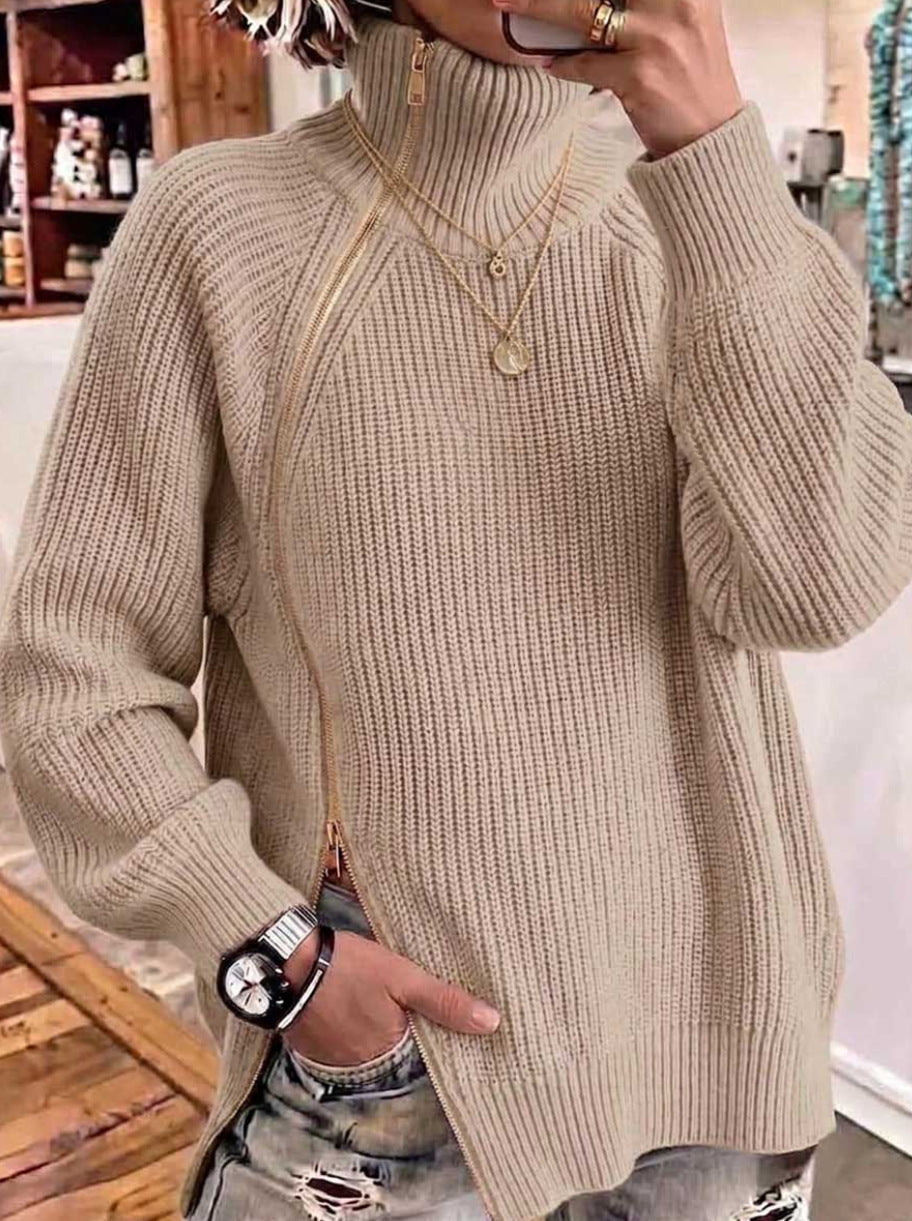 Solid-color Turtleneck Long-sleeve Loose-fit Knit Top With A Side Zipper