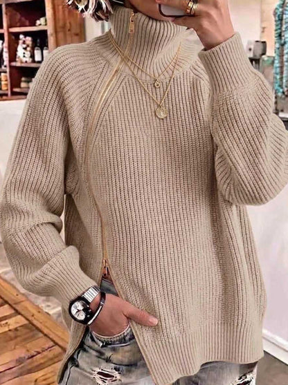 Solid-color Turtleneck Long-sleeve Loose-fit Knit Top With A Side Zipper