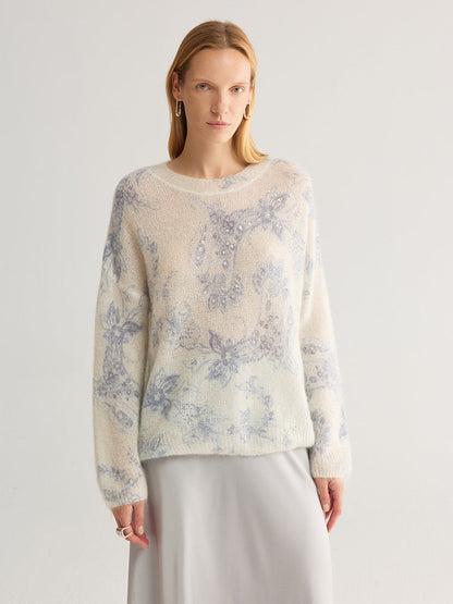 Rhinestone Embellished Floral Mohair-Blend Pullover Sweater