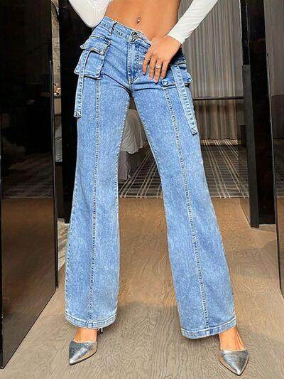 Mid Rise Straight Jeans with Cargo Pockets for Women
