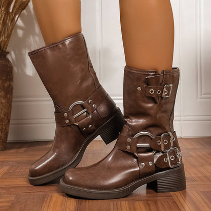 Womens Retro Metal-Buckle Mid-Calf Western Boots