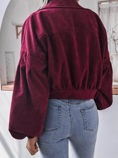 Lantern Sleeve Cropped Corduroy Jacket for Stylish Comfort