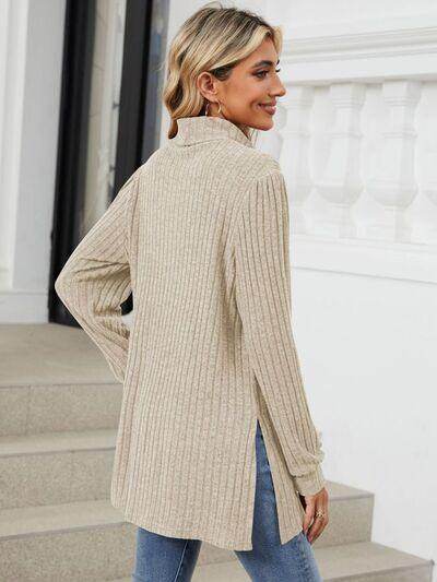Slit Mock Neck Long Sleeve T-Shirt for Women with Pocket