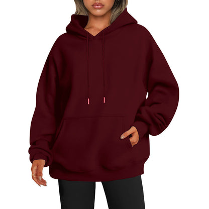 Women's Solid-color Loose-fit Drop-shoulder Hooded Sweatshirt