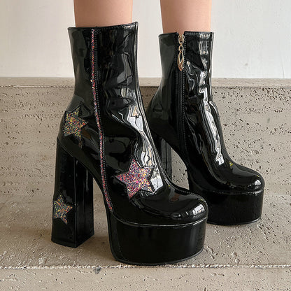 Chunky-heeled Short Booties With Thick Soles And Heart-shaped Sequins