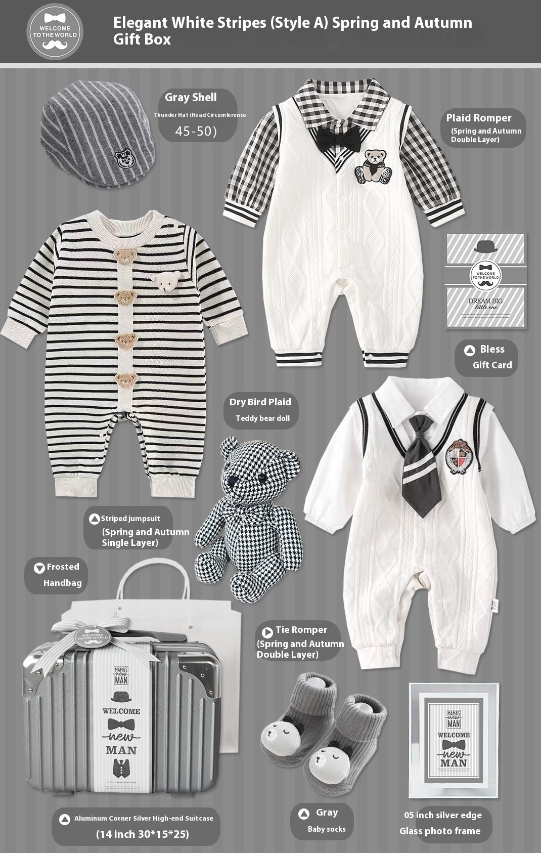 Baby Gift Package Elegant White Striped Gray Baby Boy