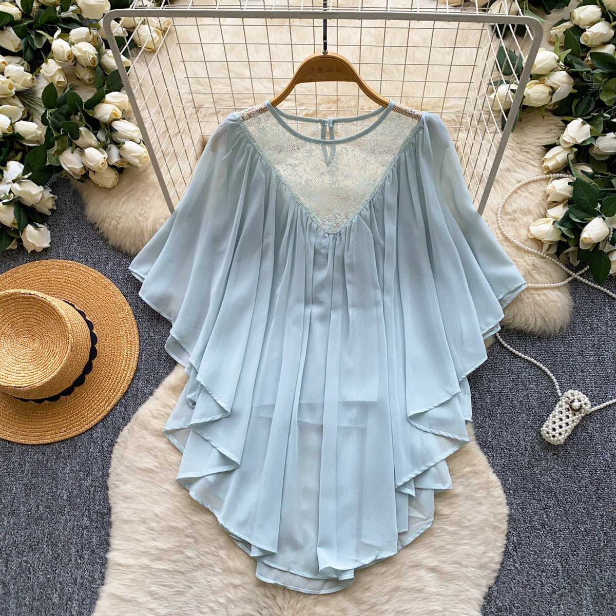 Women's Solid Color French Gentle Lace Chiffon Patchwork Shirt