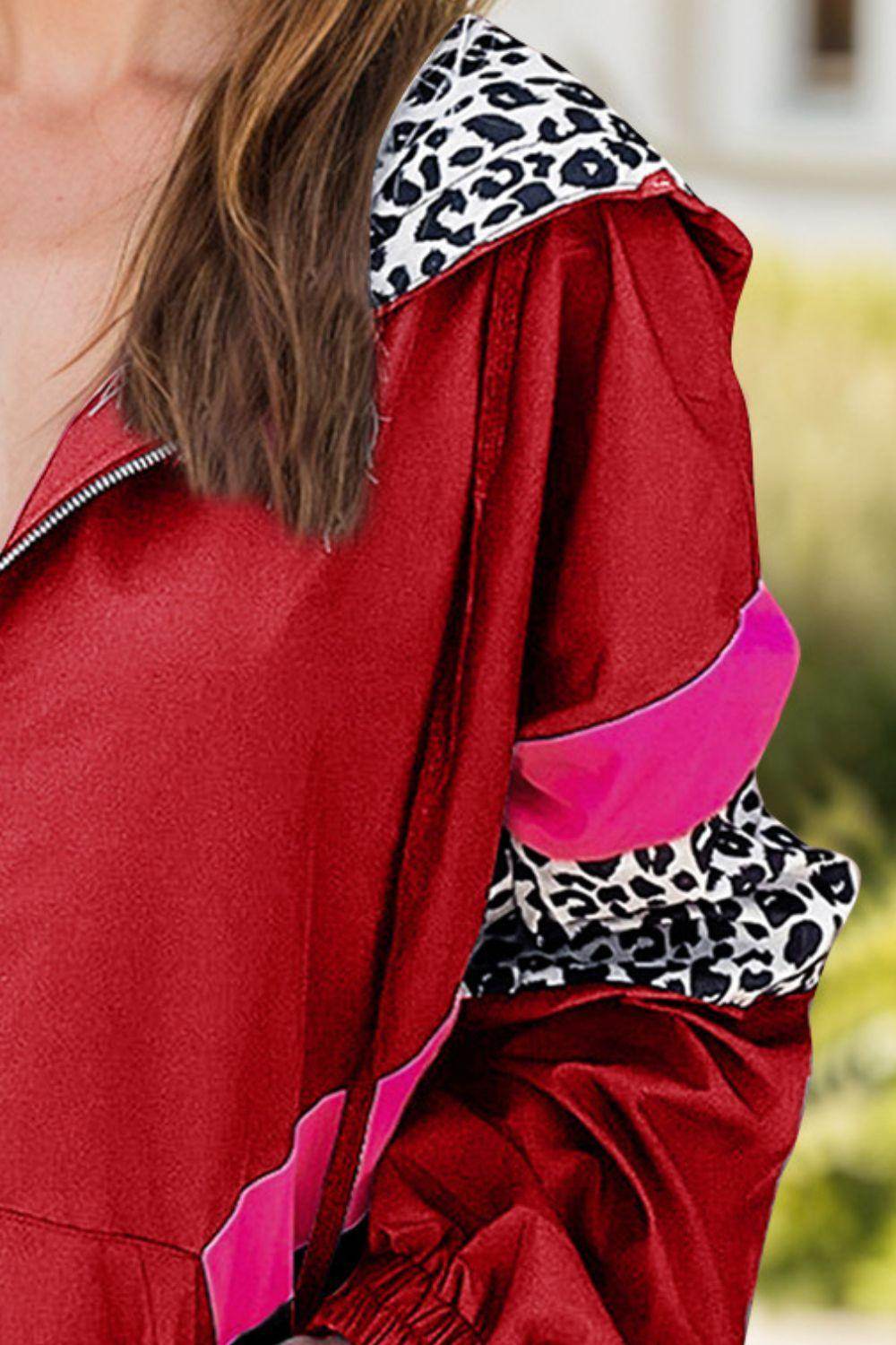 Leopard Zip Up Long Sleeve Hooded Jacket for Women