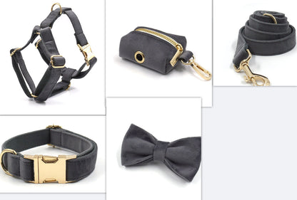 Dark Grey Velvet Pet Collar Leash