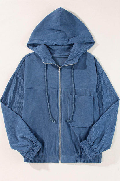 Corduroy Zip Up Long Sleeve Hooded Jacket for Women