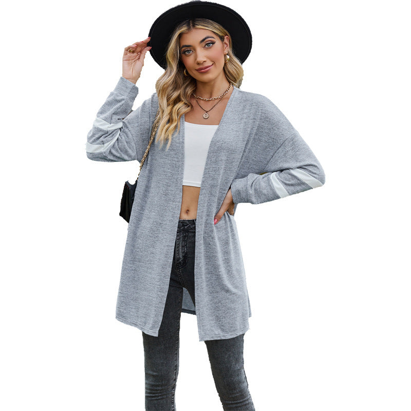 Women's Long-sleeved Stitching Contrast Color Knitted Cardigan