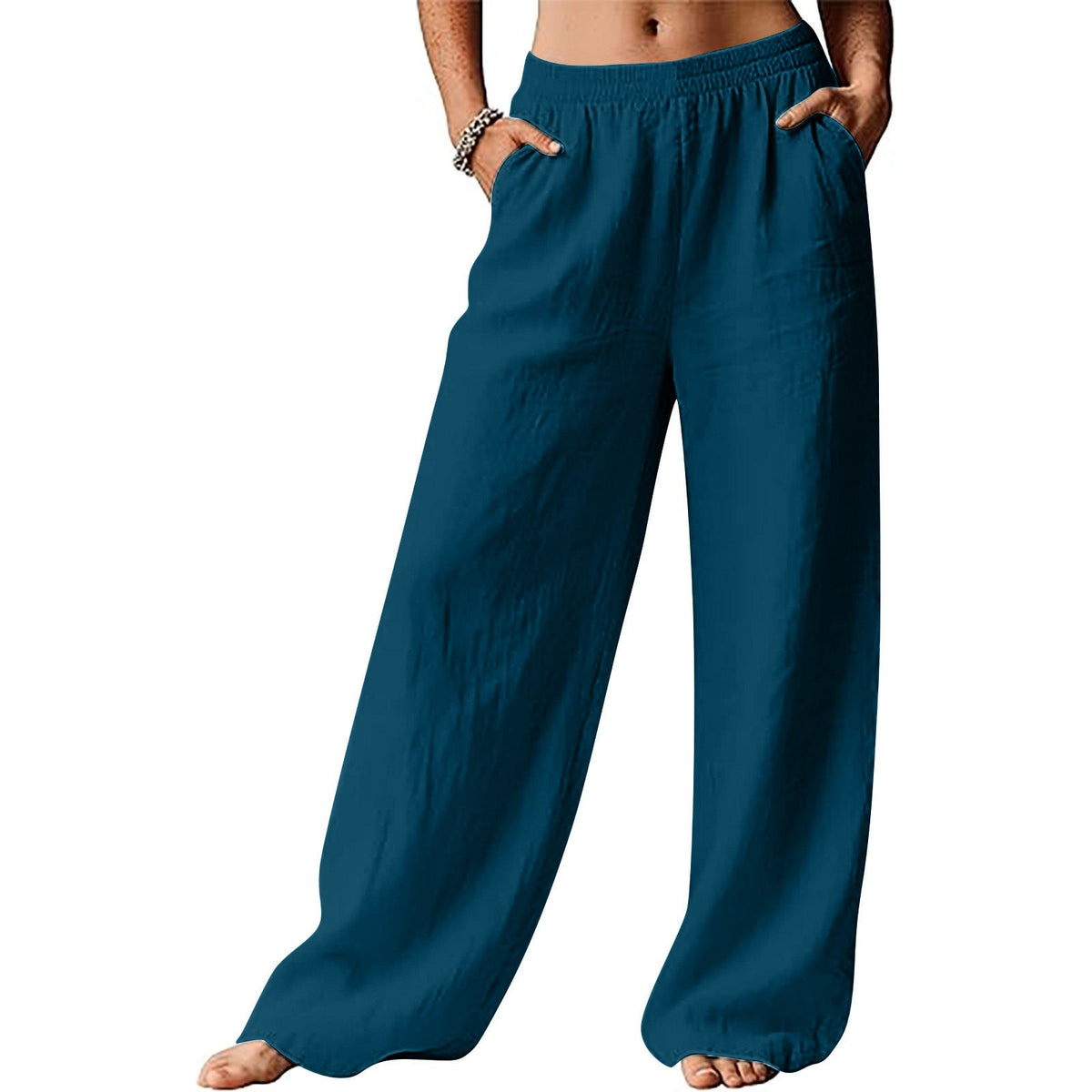 Solid-color Loose-fitting Elastic-waist Wide-leg Casual Pants