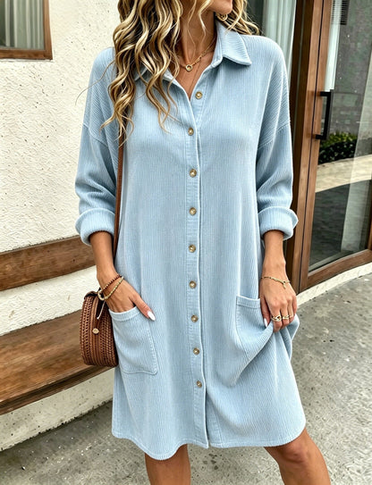 Autumn New Womens Corduroy Shirt Dress With A Turn-down Collar And Single-breasted Design