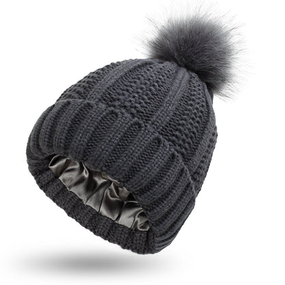 Winter Knitted Hats Fashion Stretchy Lined Skull Hats For Women Faux Fur Pom Pom Hat Keep Warming Beanie Hat