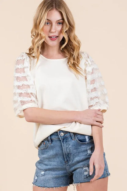 Lime 'N' Chili Full Size Lace Puff Sleeve Round Neck Top Plus Size