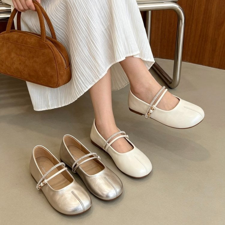 Women Gentle Minimalist Double Rhinestone Pearl Strap Flats,  Matching Casual Daily  Loafer Slippers