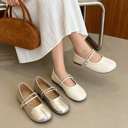 Women Gentle Minimalist Double Rhinestone Pearl Strap Flats,  Matching Casual Daily  Loafer Slippers