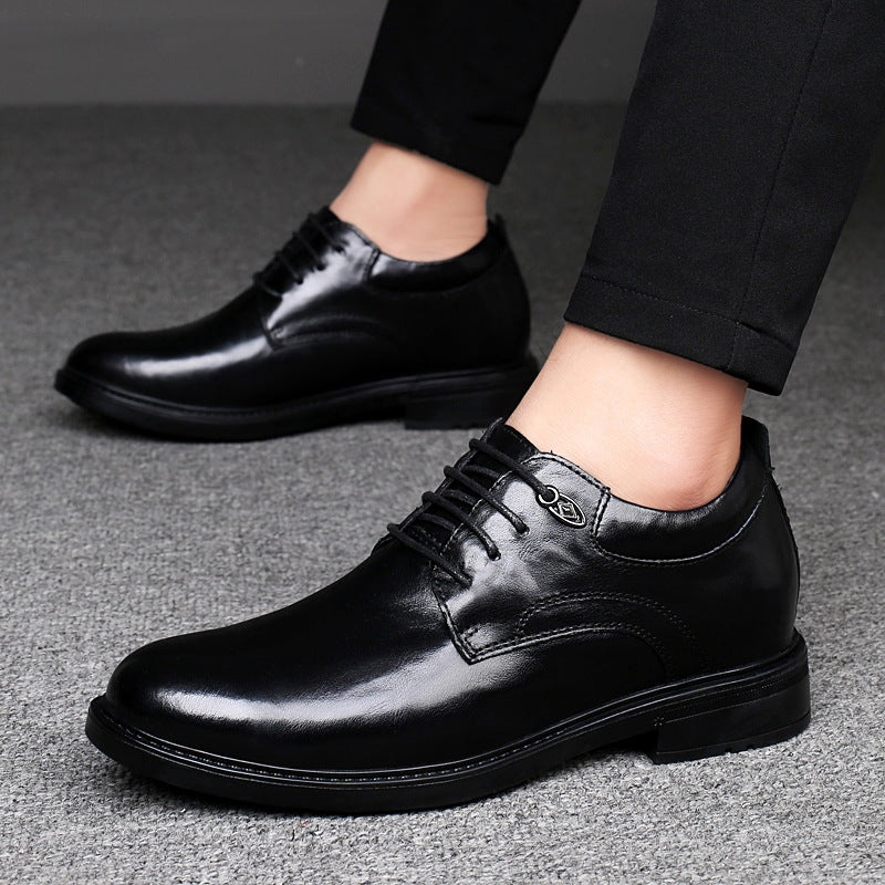 Genuine Leather, Hidden-heel, Thick-soled Black Youth Dress Shoes