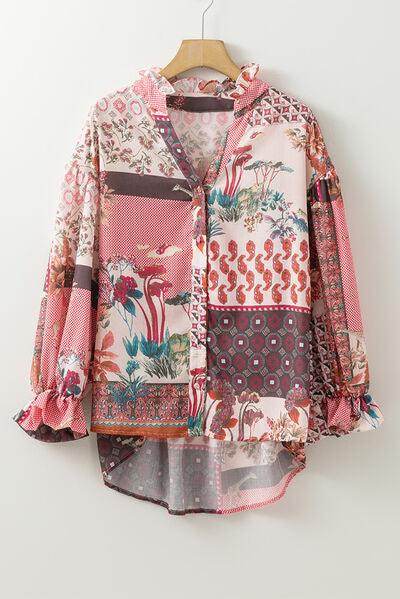 Patchwork Printed Notched Flounce Sleeve Shirt for Women