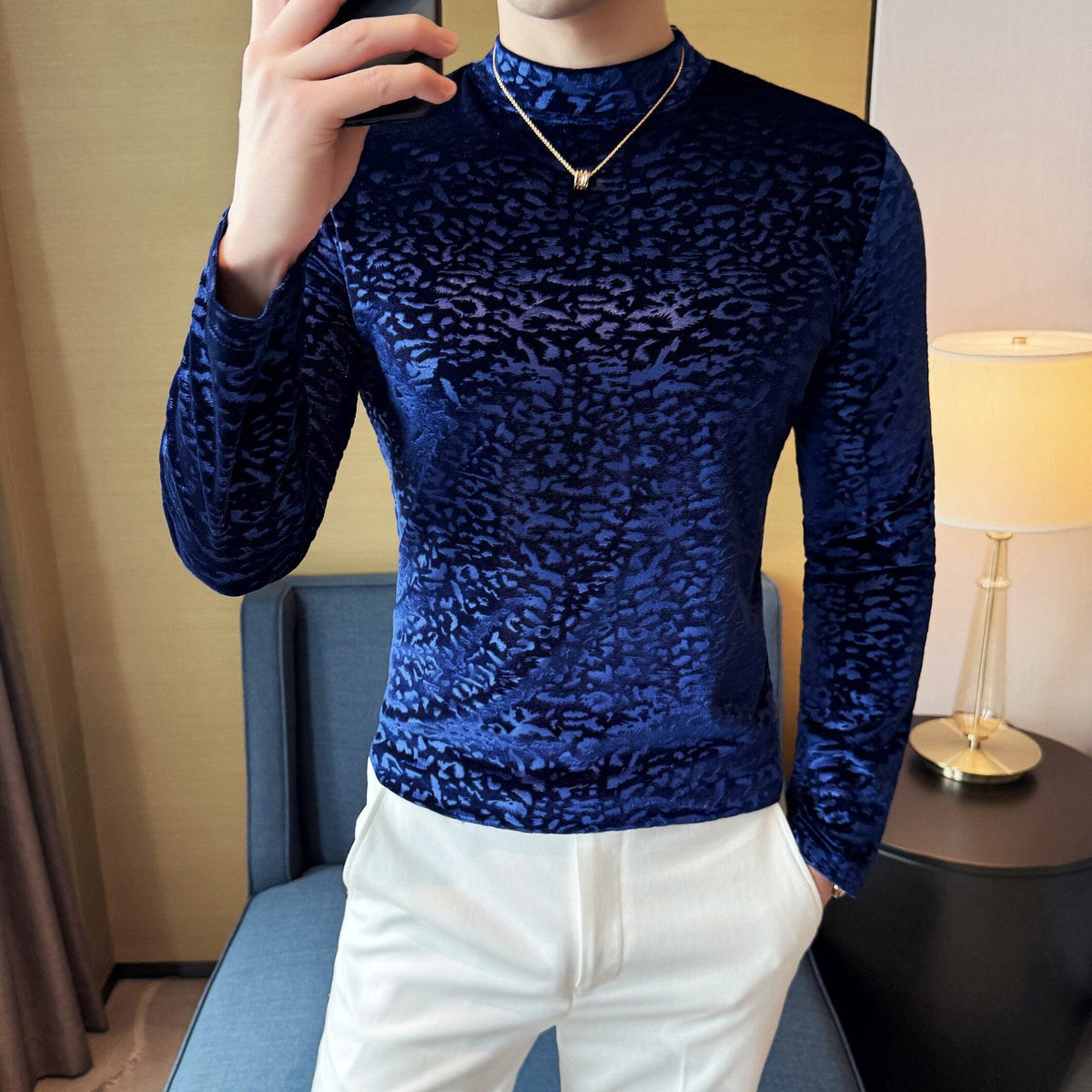 Velvet Leopard Print Jacquard Half-High Collar Long-Sleeve T-Shirt