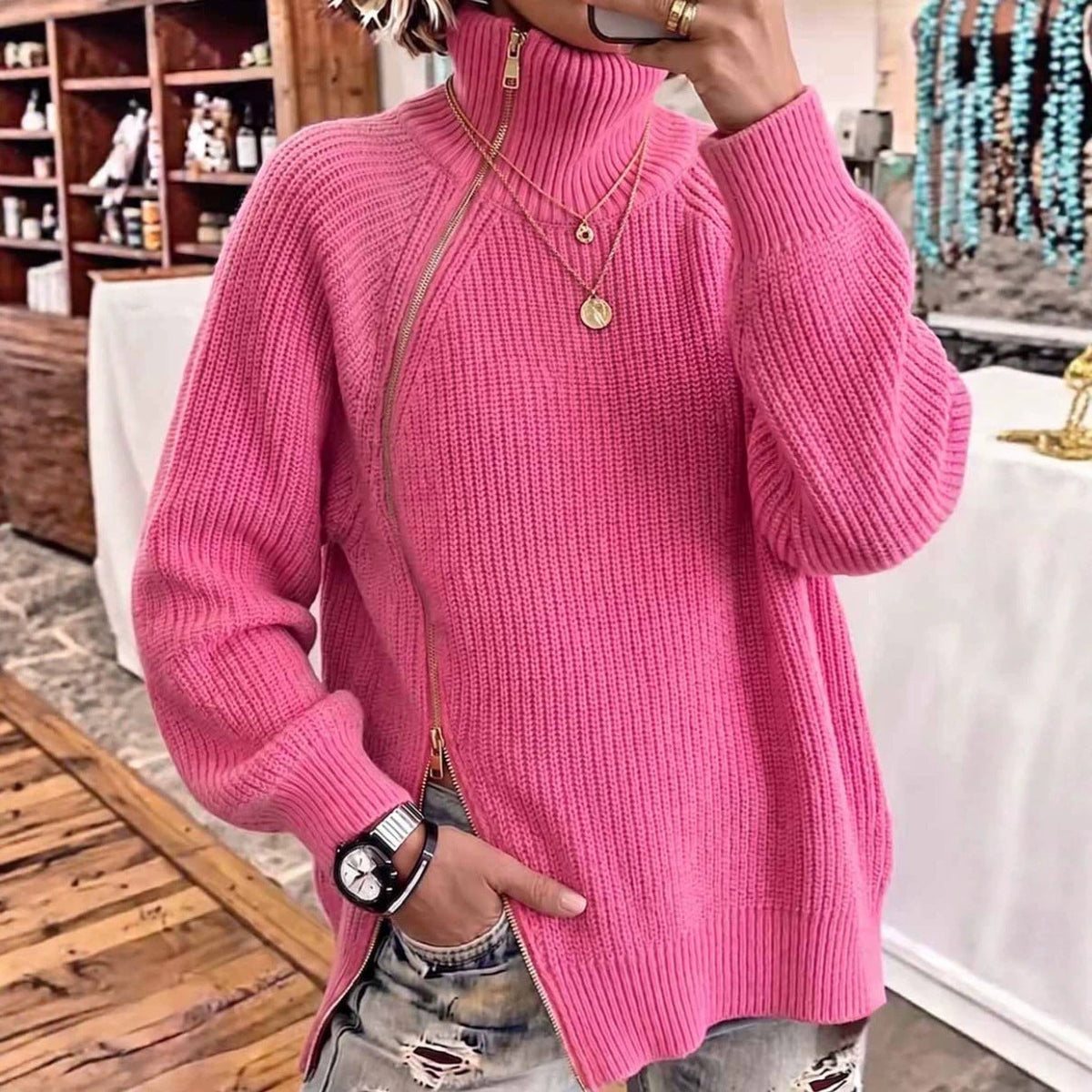 Solid-color Turtleneck Long-sleeve Loose-fit Knit Top With A Side Zipper
