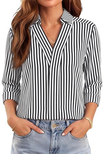 Womens Casual Striped Blouse With Three-quarter Sleeves