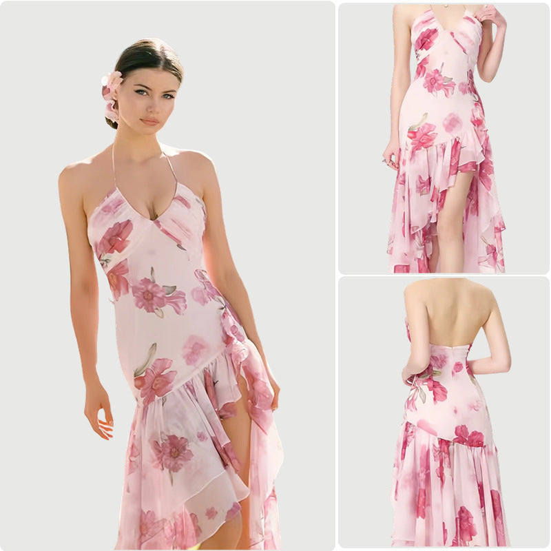 Womens Chic Seaside Vacation-style Printed Halter-neck Dress