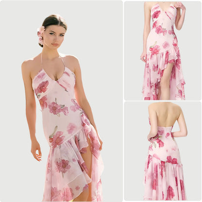 Womens Chic Seaside Vacation-style Printed Halter-neck Dress